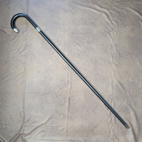 1930 British Vintage Men's Cane, Black Shaft, Sterling Silver Decorated Curved Handle, 92cm